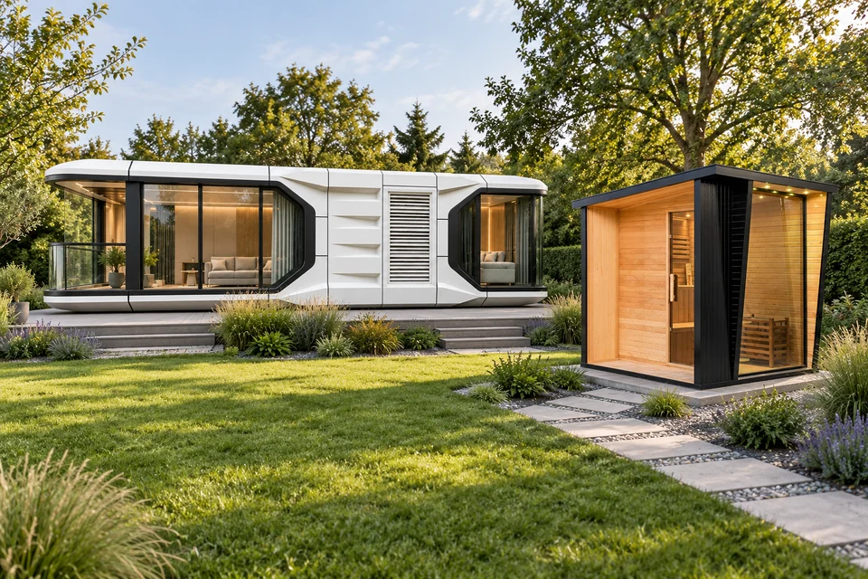 Visualisierung: weißes Kapselhaus und Gartensauna mit Glasfront in einem begrünten Garten mit Steinweg