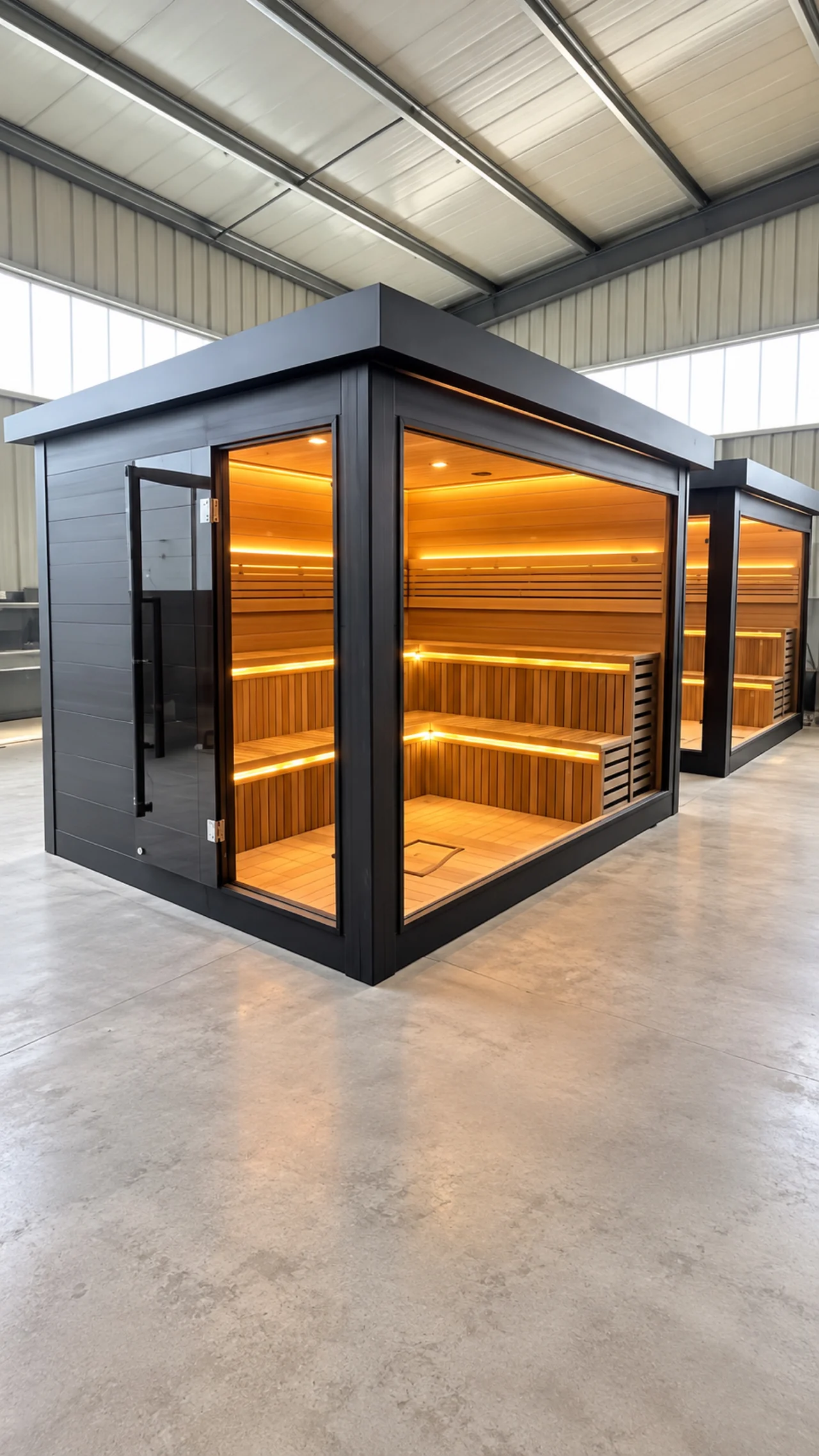 Gartensauna Amalia mit breiter Glasfront und warm beleuchtetem Holzinnenraum